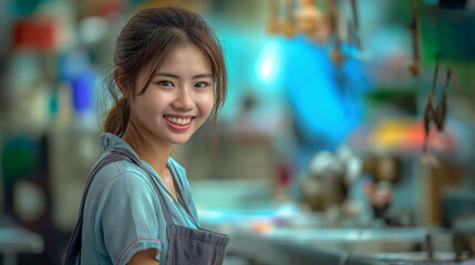 Asian woman working as a seamstress, happy and smiling, using equipment, textile industry, clothes design, diversity - obrazy, fototapety, plakaty
