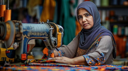 Islamic arab woman in hijab working as a seamstress, sewer using equipment, textile industry, clothes design, diversity