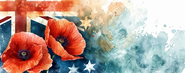 Fotobehang Anzac Day background with grunge watercolor Australia flag and poppy flowers. Remembrance symbol. Lest we forget. © Artlana