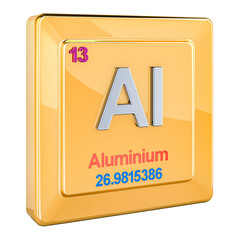 Aluminium Al, chemical element sign with number 13 in periodic table. 3D rendering isolated on transparent background