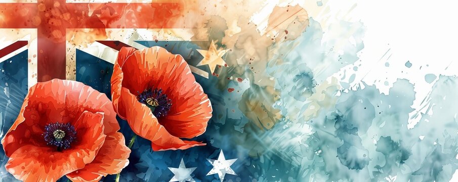 Anzac Day background with grunge watercolor Australia flag and poppy flowers. Remembrance symbol. Lest we forget.