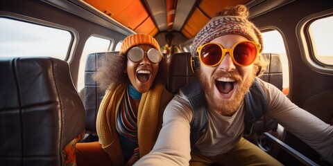 A joyful traveler snaps a selfie aboard an airplane, capturing cherished memories during their summer getaway.