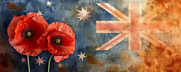 Obraz na płótnie Canvas Anzac Day background with grunge watercolor Australia flag and poppy flowers. Remembrance symbol. Lest we forget.
