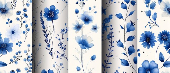 A botanical theme was paired with a white and blue liberty ditsy print and an airy tiny blossom motif and space, Generative AI.