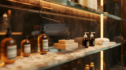 A stylish glass shelf in a luxury spa, lined with exotic soap bars and therapeutic shampoo bottles. - obrazy, fototapety, plakaty