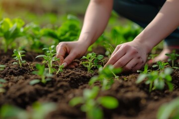 Farmer hands planting soil of tomato seedlings in vegetable garden. Organic farming and spring gardening concept