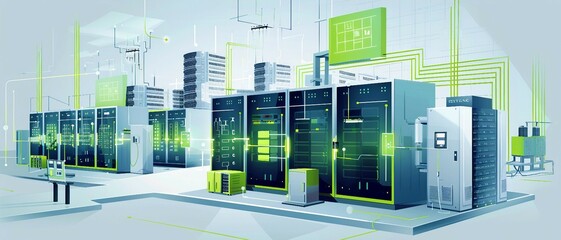 an isometric 3d illustration of a data center with IoT integration. 