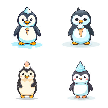 Penguin (Penguin Holding Ice Cream Cone). simple minimalist isolated in white background vector illustration