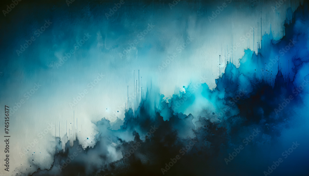 Poster blue abstract acrylic brush strokes with drip effect on canvas texture. creativity concept. generati