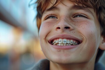 The adolescent boy wearing braces grinning broadly.  Ai generative - obrazy, fototapety, plakaty