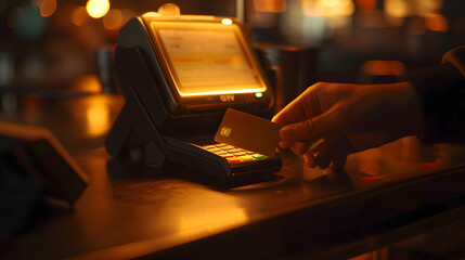 The subject is a person using a contactless payment card to pay for a purchase. The contactless payment card made of plastic or metal. The scene artificial light. - obrazy, fototapety, plakaty