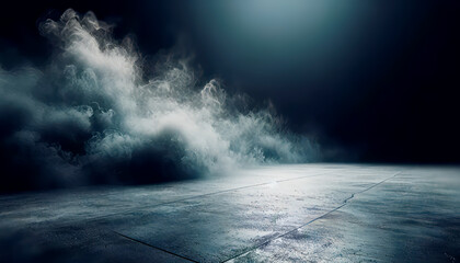Mysterious smoke floating over a dark room with a concrete floor. Concept of suspense and drama. Generative AI