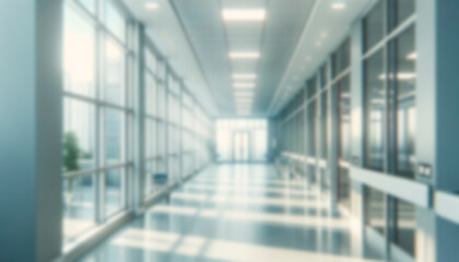 Blurred bright corridor in a modern office building, conveying a clean and professional atmosphere. Generative AI