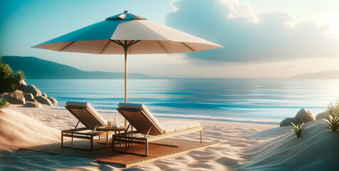 Idyllic beach scene with sunbeds and large umbrella, tranquil ocean view. Vacation and leisure concept Generative AI