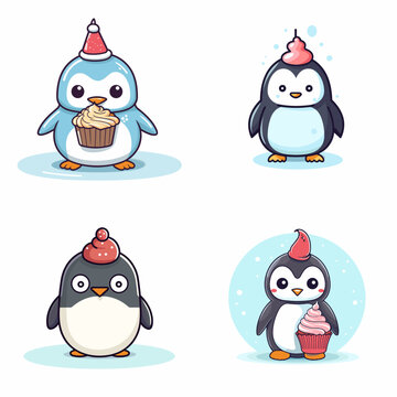 Penguin (Penguin with Cupcake). simple minimalist isolated in white background vector illustration