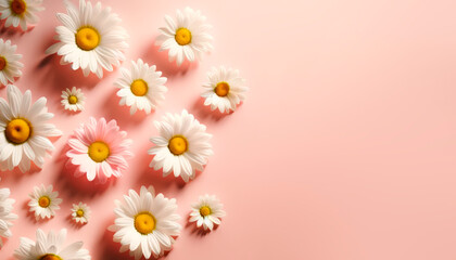 Scattered white daisies on a soft pink background, light, clean design. Generative AI