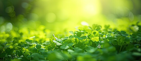 A close-up view of vibrant green clover plants in a field, showcasing the richness of the foliage against a lush and serene background.