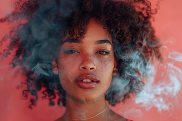 Gorgeous curly-haired African American woman smoking on a pink backdrop. Ai generative