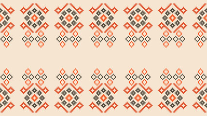 Traditional ethnic motifs ikat geometric fabric pattern cross stitch.Ikat embroidery Ethnic oriental Pixel brown cream background. Abstract,vector,illustration. Texture,scarf,decoration,wallpaper.