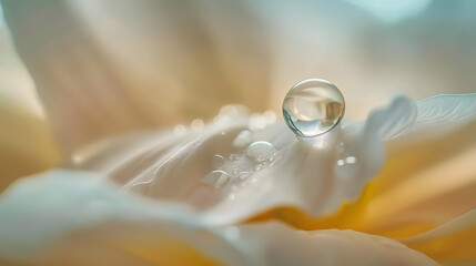 A macro photo of a water droplet on a flower petal. The water droplet should be perfectly round and clear. The flower petal should be delicate and have a soft texture.