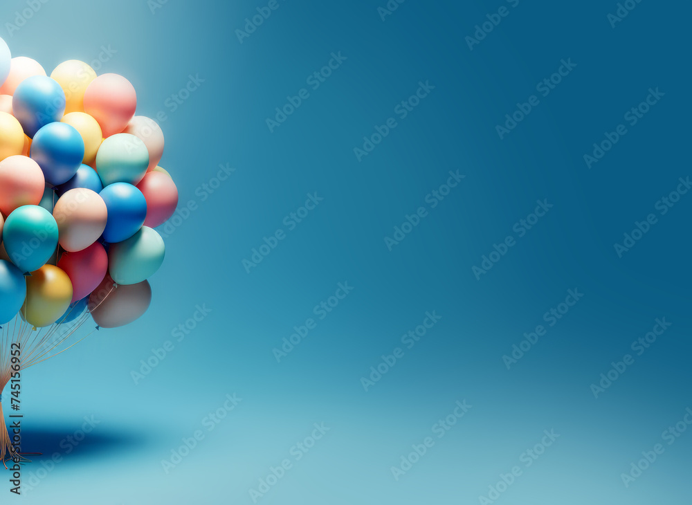 Poster cluster of multicolored balloons on a deep blue backdrop, symbolizing joyous celebration. generative
