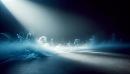 Mystical blue smoke under a spotlight on a concrete stage, suggesting intrigue. Generative AI