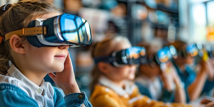 Portrait of little boy wearing virtual reality glasses in amusement park.