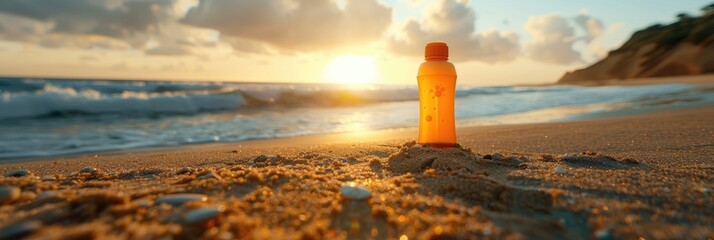 Close-up of a sunscreen bottle that is nearby on the sand. Ai generative - obrazy, fototapety, plakaty