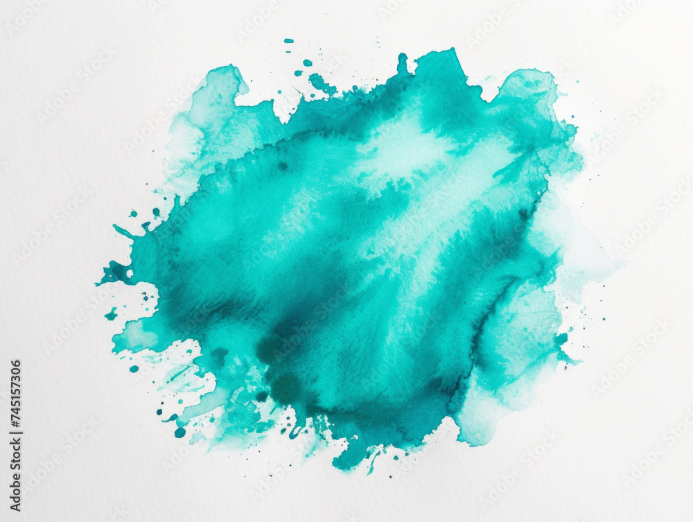 Poster turquoise watercolor stain with dripping splatter on textured paper. creativity concept. generative 