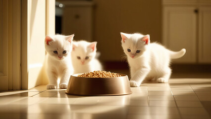 Three white fluffy kittens look at a bowl of dry food in a bright kitchen. Tiled floor, morning light.
