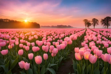Fotobehang The landscape of tulip blooms in a field © RORON