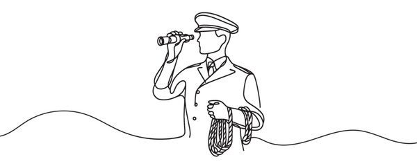 Continuous one line drawing of a sailor in uniform. Vector graphic illustration of a one line drawing of a ship captain.