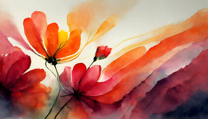 Abstract beautiful minimalist red-orange gradient and drawing of abstract colorful watercolor flower
