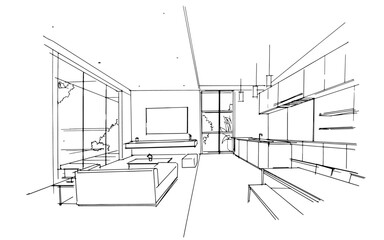 Interior design sketch of a modern home living room. , Graphic assembly in architecture and interior design work. ,Sketch ideas for interior or exterior designs.