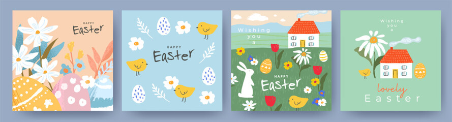 Happy Easter Set of cute greeting cards, posters, holiday covers or banners. Trendy design with typography, hand painted flowers, plants, dots, eggs, Easter bunny and chick. Modern art style templates