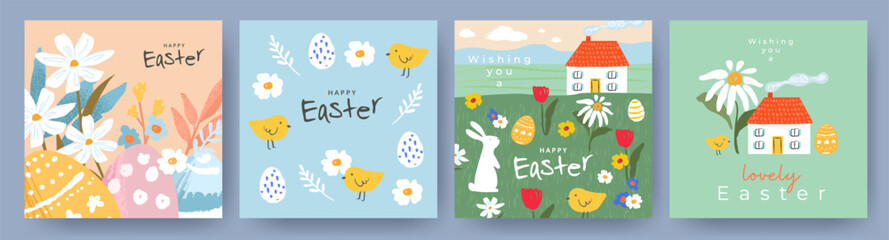 Happy Easter Set of cute greeting cards, posters, holiday covers or banners. Trendy design with typography, hand painted flowers, plants, dots, eggs, Easter bunny and chick. Modern art style templates © Tanya Shulga