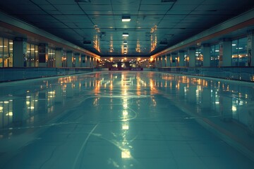 A brightly illuminated, empty ice skating rink displaying. Ai generative - obrazy, fototapety, plakaty