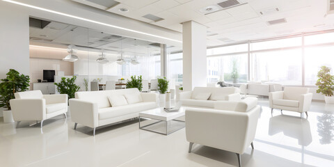 Modern office lobby interior has white furniture with plants and large window in style of chrome reflections with refined elegance and luminous hues in precisionist style
