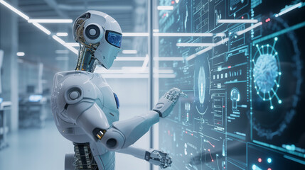 AI Robot in Healthcare: Futuristic AI Robot Analyzing Digital Brainscan. Future of Healthcare Concept