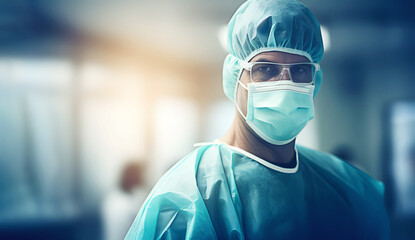 Portrait of mature doctor wearing surgical mask and surgical attire and protective eyewear in operating room - obrazy, fototapety, plakaty