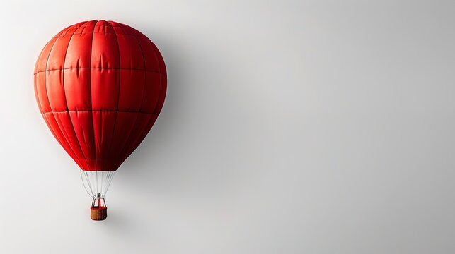 A hot-air balloon in a fiery red over a white setting and big barren space, Generative AI.