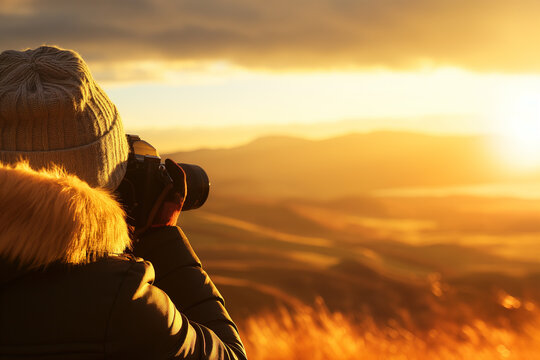 Female Photographer Capturing The Golden Sunrise Over A Mountainous Landscape