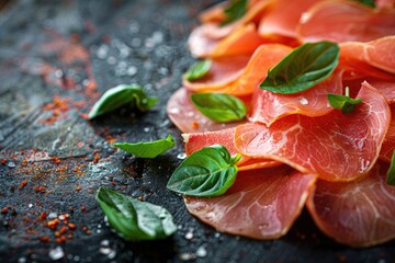 Sliced cured prosciutto with basil leaves on a rustic. Ai generative - obrazy, fototapety, plakaty