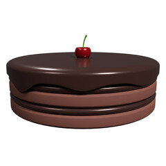 Chocolate cake with cherry. Chocolate cake 3d icon. Chocolate cake with dripping melted. 3D rendering illustration