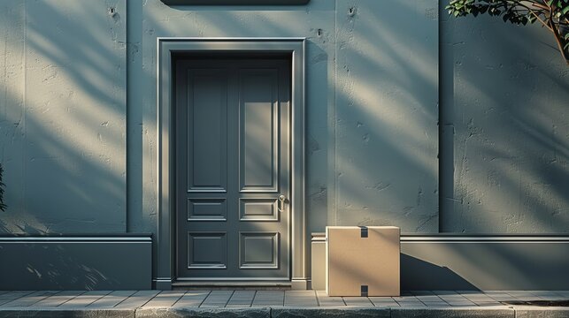 A parcel in front of wooden door with blue wall and door backdrop with a big space for text or product, Generative AI.