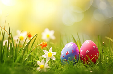 colorful easter eggs lying in the grass