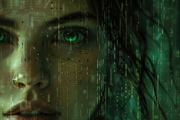 Female face with artificial matrix digital numbers. Ai generative