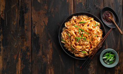 Garlic Chili Oil Noodles on a dark rustic background, chinese cuisine, top view, copy space