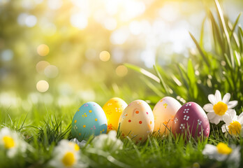 colorful easter eggs lying in the grass