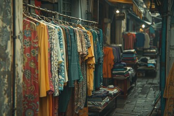 Fototapeta na wymiar Many clothes in the street market in Baa on a clothes rack. Ai generative